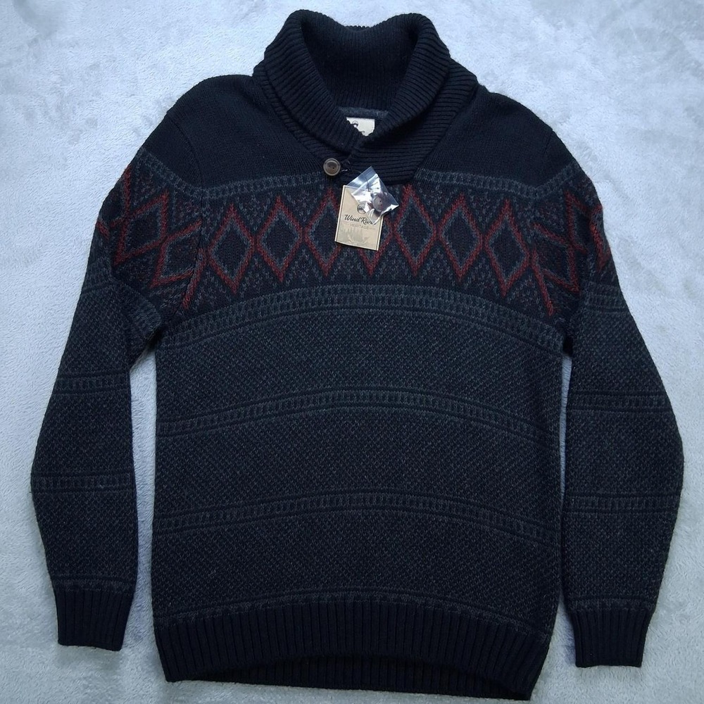 Wind River Heritage Mens Shawl Collar Sweater Gray Red Fair Isle Knit Large NWT